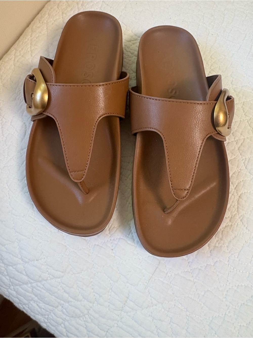 AEROSOLES Brown Leather Thong Sandals with Gold Buckle